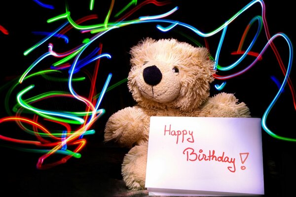 Lichtschrift mit Teddybär zum Geburtstag