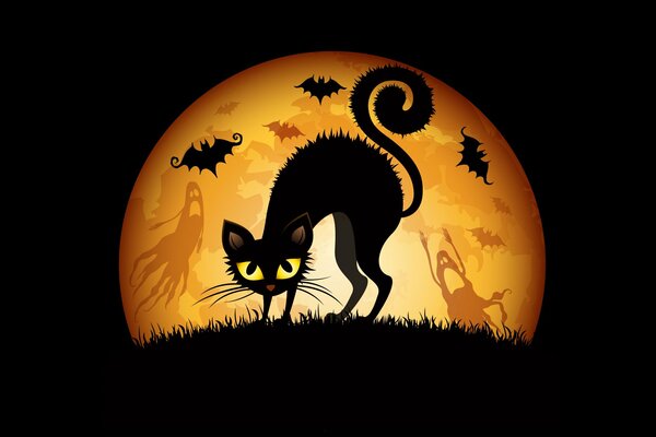 Halloween. A black cat with yellow eyes stands on the grass against the background of the moon. There are ghosts and bats on the moon