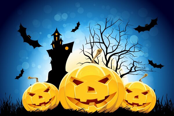 Halloween three pumpkins and a castle with bats