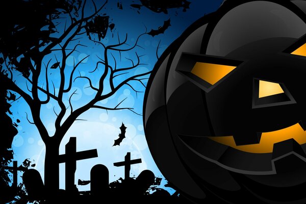 Arte vectorial con calabaza de Halloween, murciélagos y cementerio