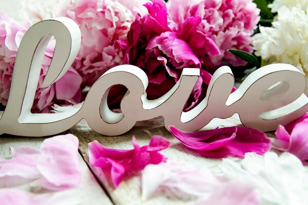 Figurine d amour sur fond de pivoines roses sur la table