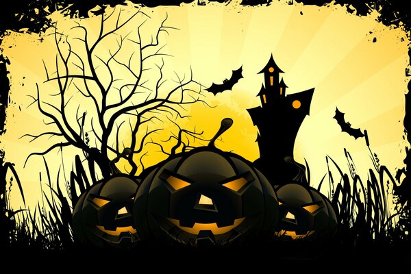 Düstere Landschaft mit Kürbissen und Schloss für Halloween