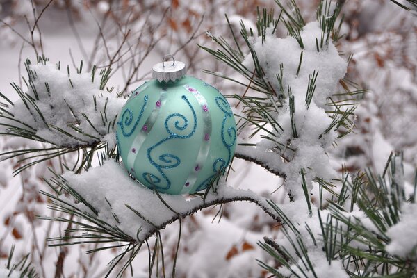 Palla di Natale nella neve sull albero di Natale