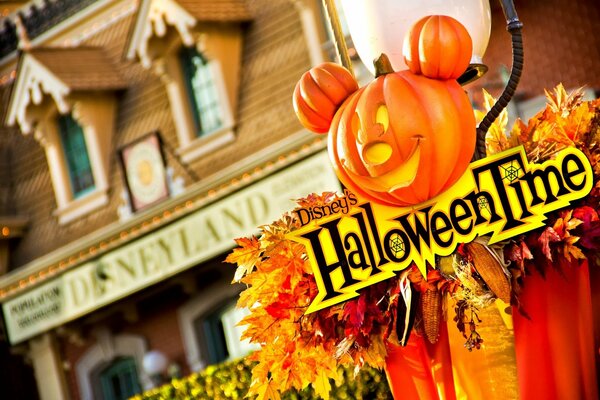 Pumpkin decoration in the shape of Mickey Mouse at Disneyland