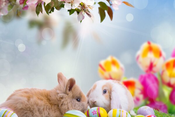 Dos conejitos de Pascua con huevos de Pascua