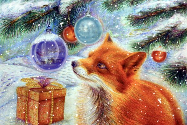 Renard et cadeau de Noël dans la neige