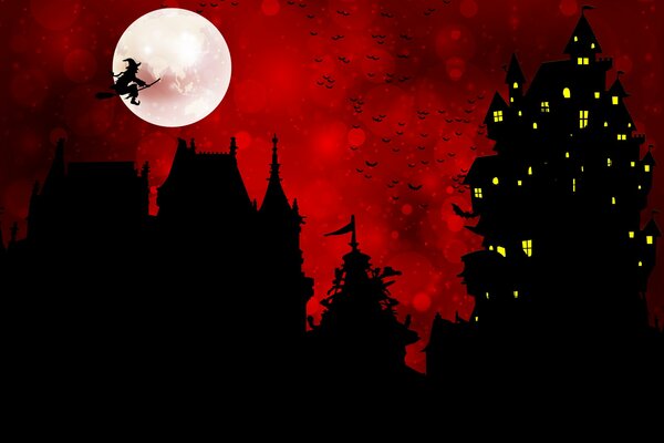 El castillo de la bruja. Luna llena. Cielo rojo