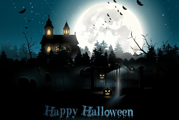 Halloween, Herbstfest, Nachtstadt, Fledermäuse vor dem Hintergrund eines hellen Mondes, ein Haus mit angezündetem Licht in den Fenstern