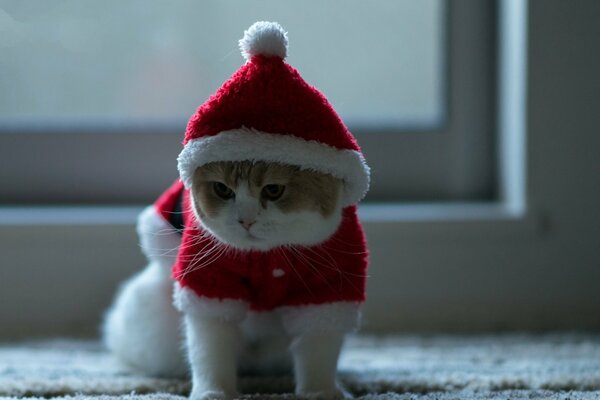 Un chat mécontent dans un chapeau de Noël