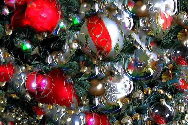 Muchos juguetes de Navidad brillantes