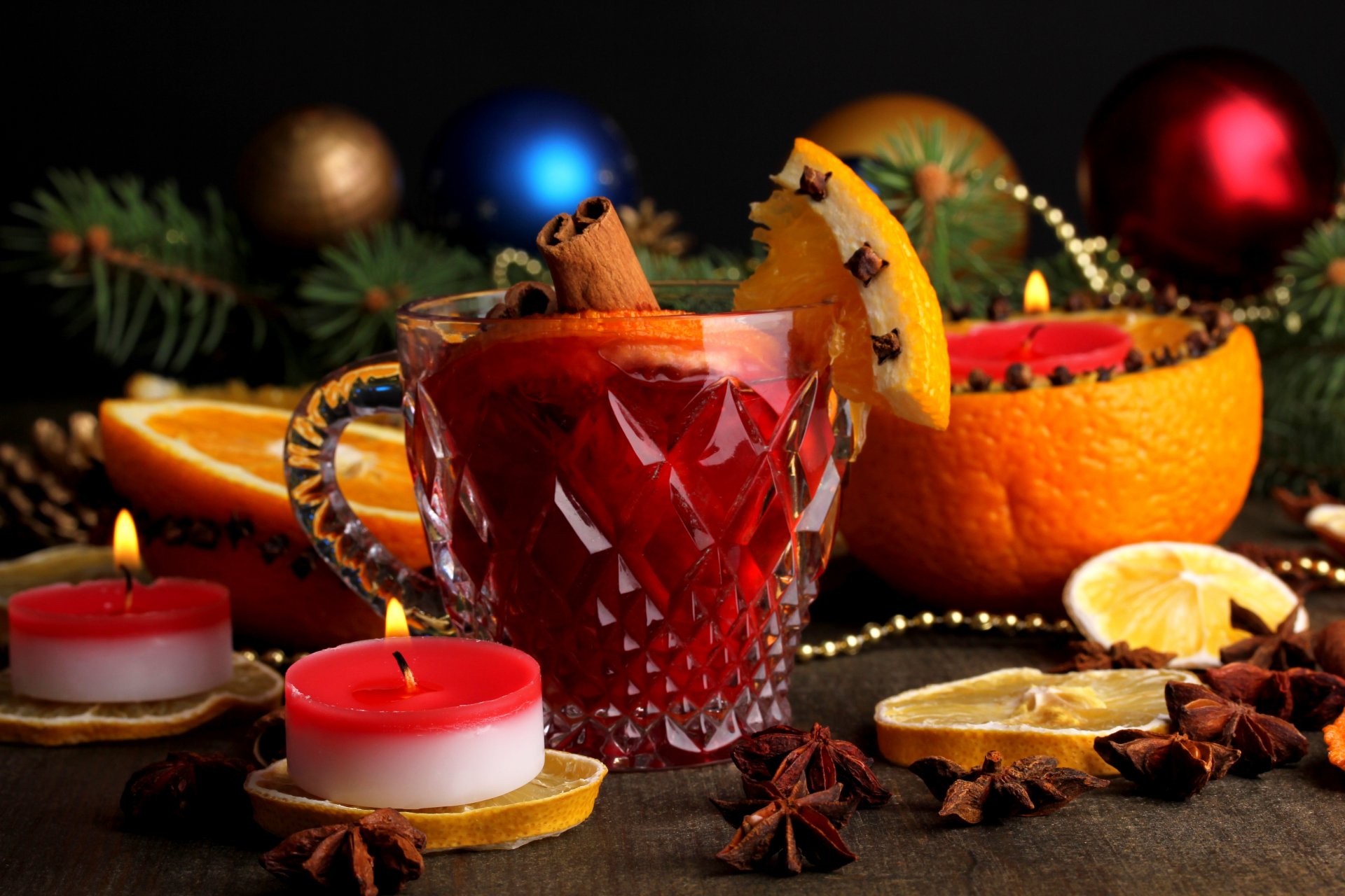 mulled wine cup anise star anise orange lemon cinnamon drink winter candles toys christmas tree branches holidays new year christma