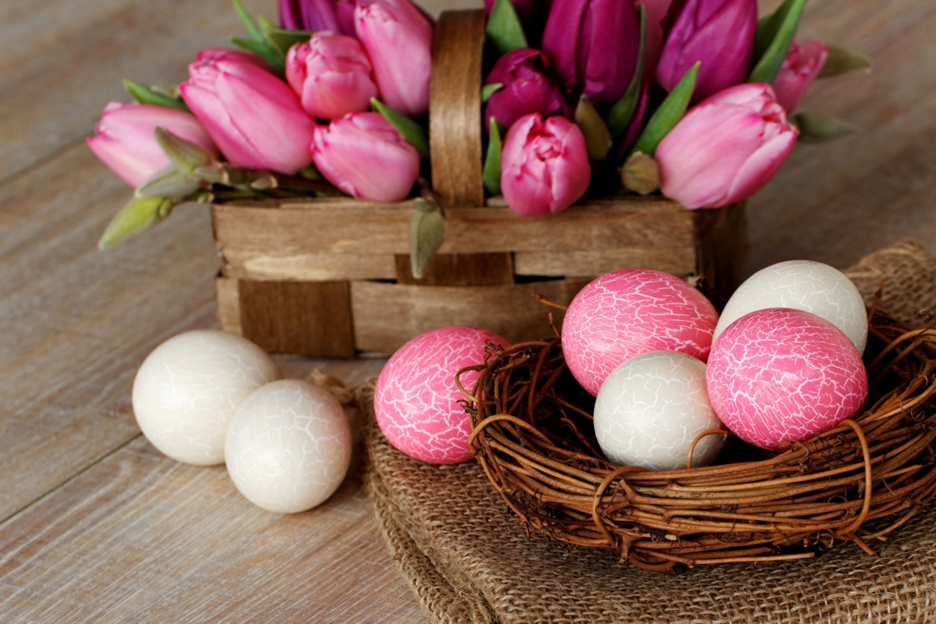 easter nest eggs easter pink white flowers basket tulips holiday spring