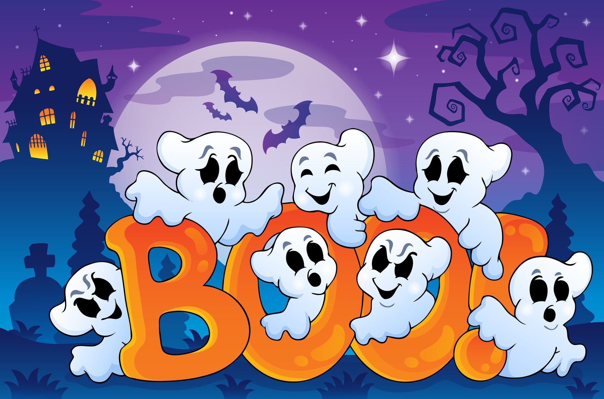 halloween fantasmas divertidos casa espeluznante murciélagos boo arte vectorial luna llena casa espeluznante boo gráficos vectoriales