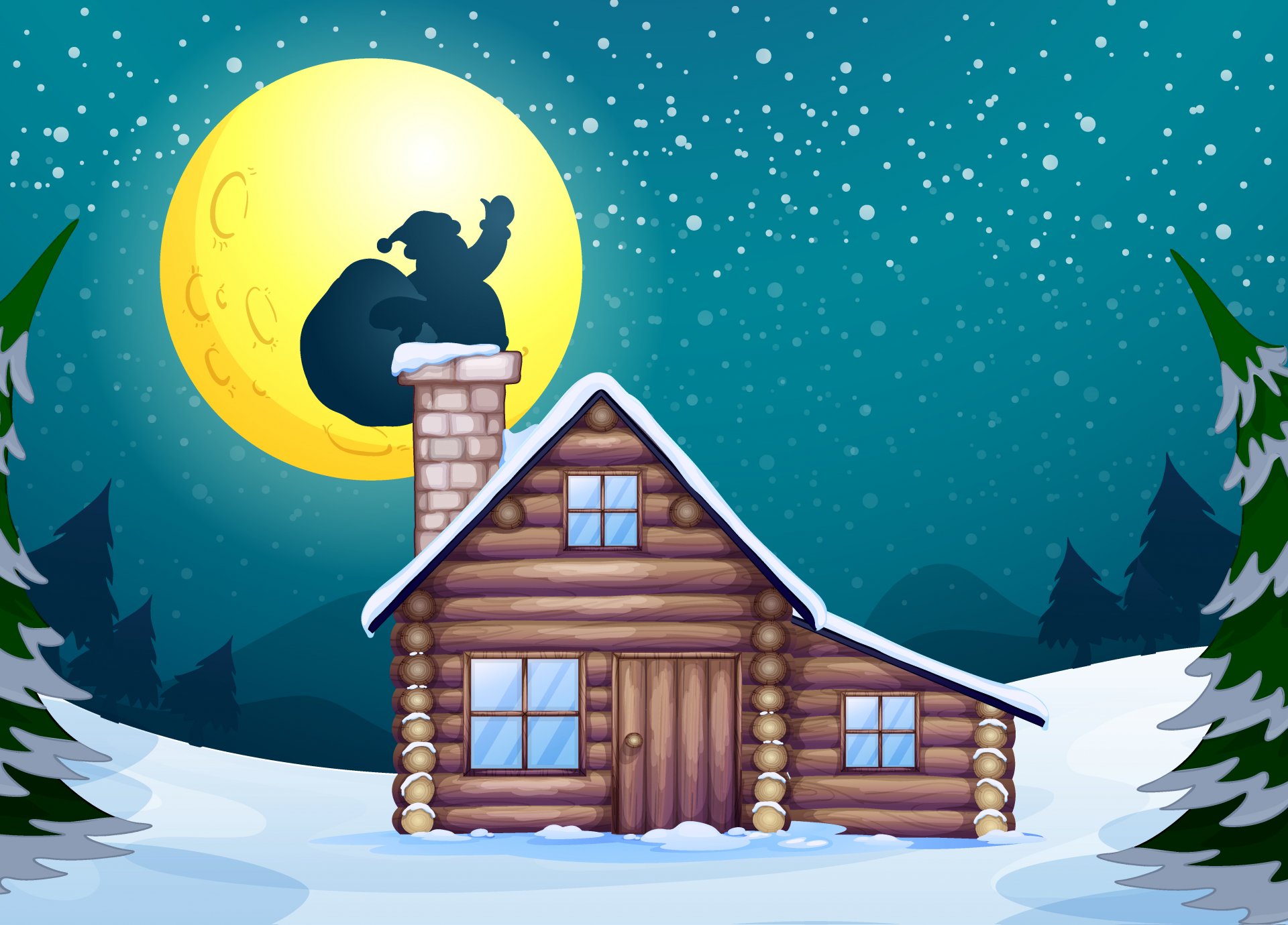 anta claus fireplace christmas tree new year moon snow house vector santa claus graphic