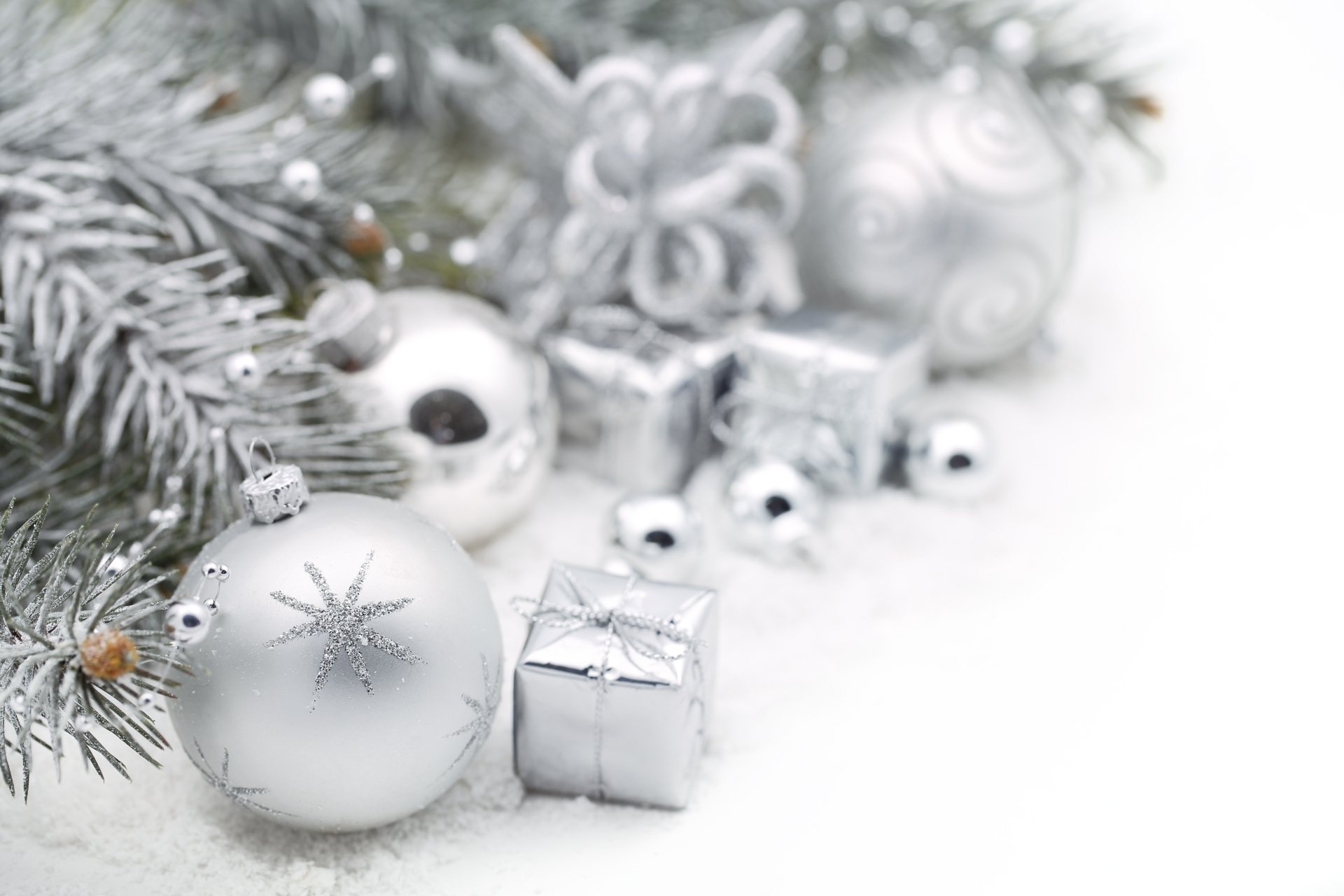 balls silver white toys christmas tree decorations branch spruce snow winter holidays new year christma