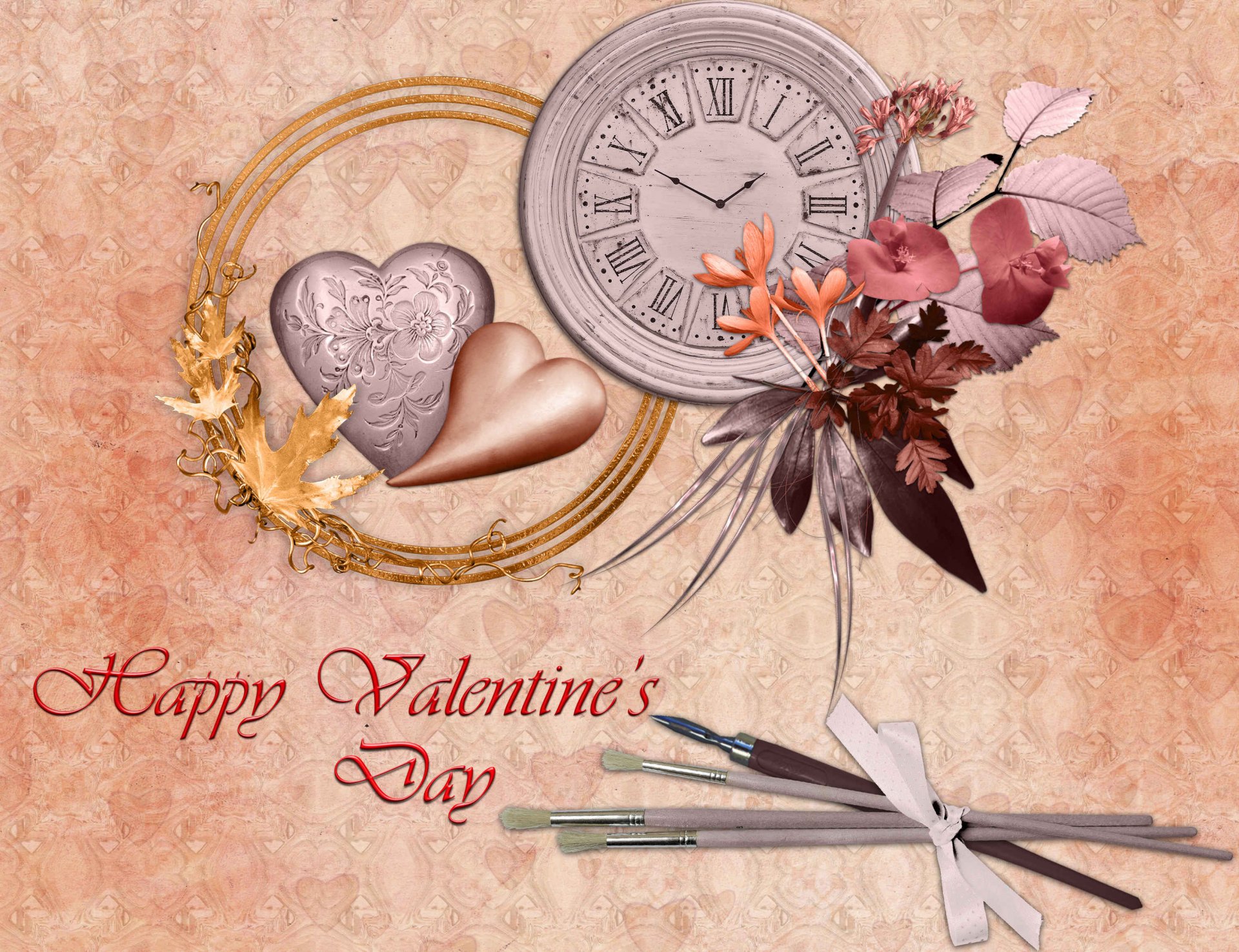 amour valentin amoureux coeur horloge fleurs carte postale volume feuilles