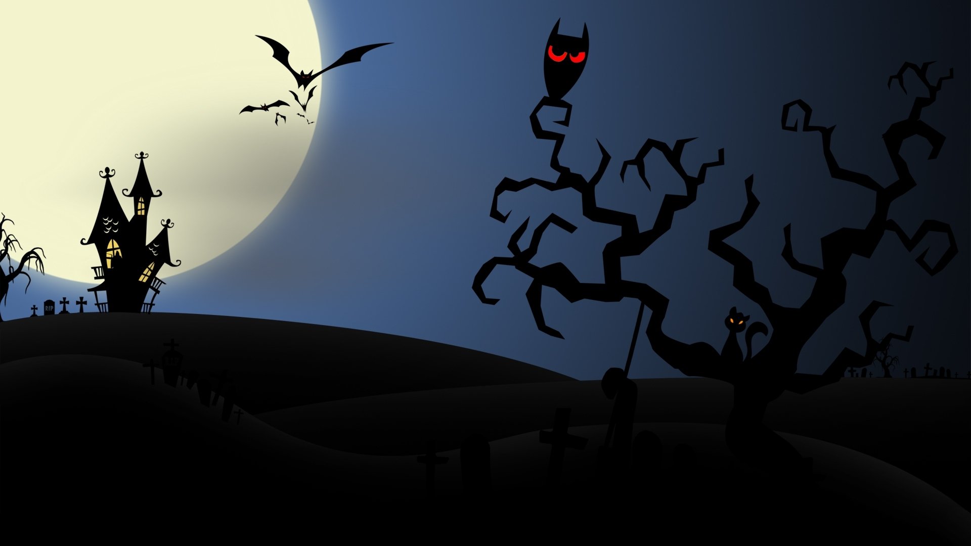 halloween raccapricciante spaventoso orrore pipistrelli casa gufo luna piena mezzanotte arte vettoriale gatto malvagio casa grafica vettoriale gatto malvagio