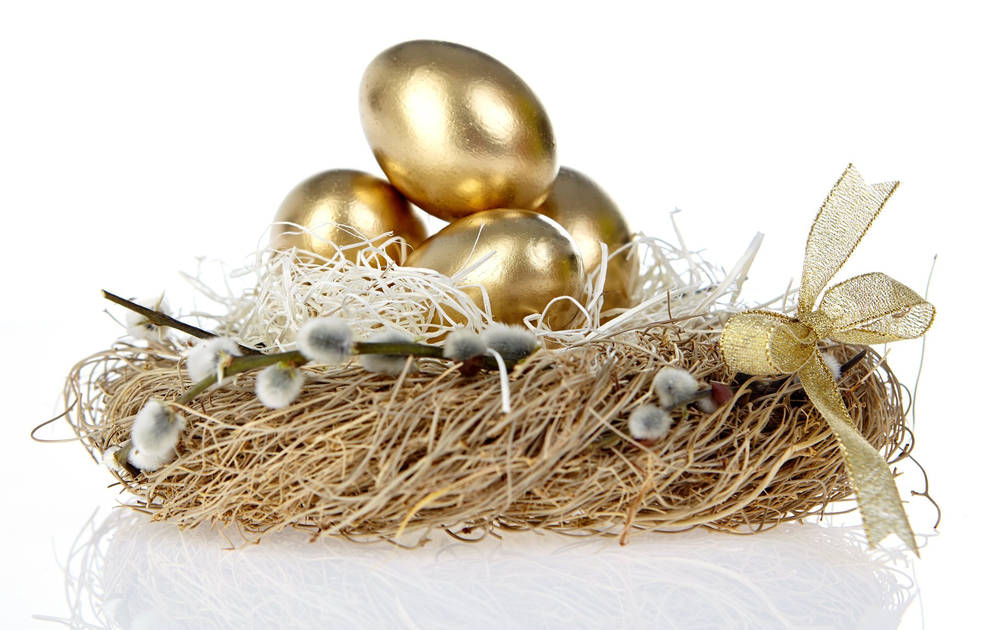 holiday easter nest golden eggs bow sprigs of willow