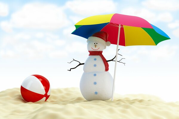 Schneemann mit Regenschirm am Sandstrand