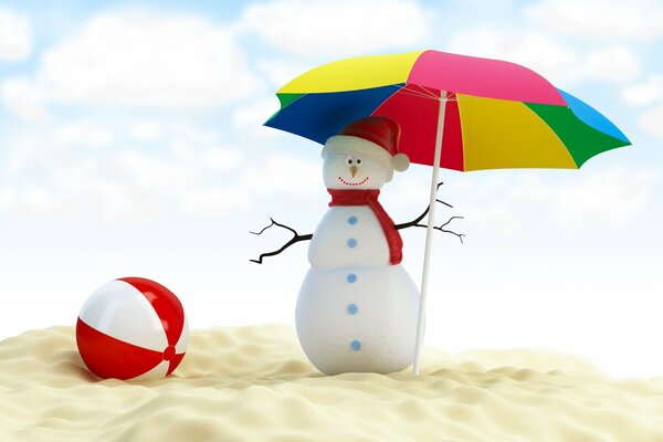 Pupazzo di neve con ombrello sulla spiaggia di sabbia