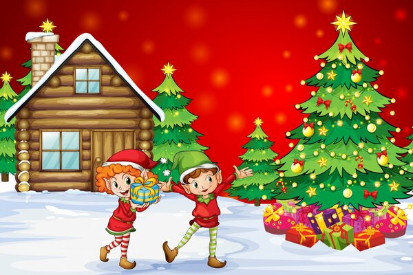 Two elves carry gifts to the Christmas tree