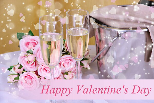 Auguri di San Valentino con rose e champagne