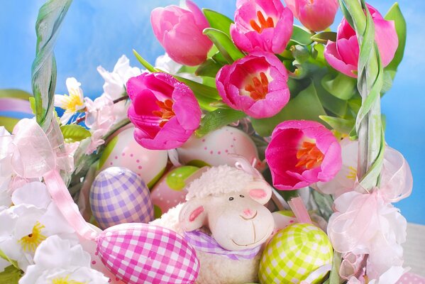 Easter eggs in a basket with tulips