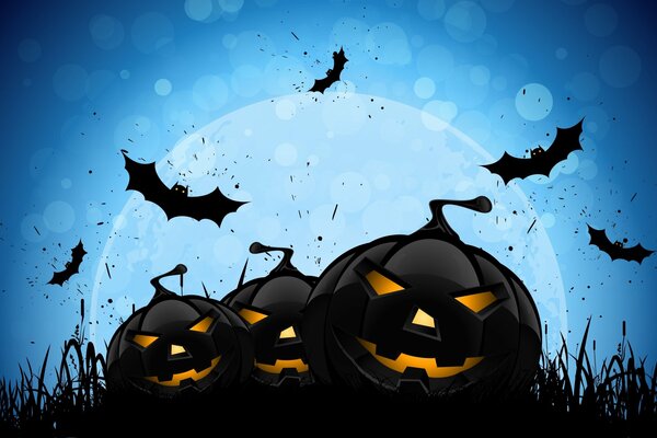 Full moon creepy scary monsters pumpkins and bats