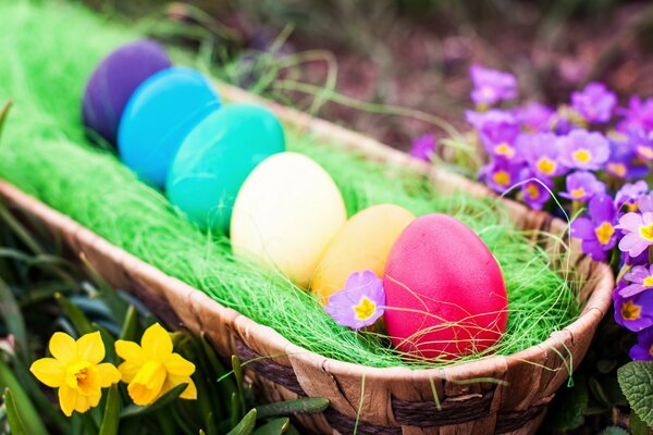 Uova di Pasqua colorate in un cesto di erba