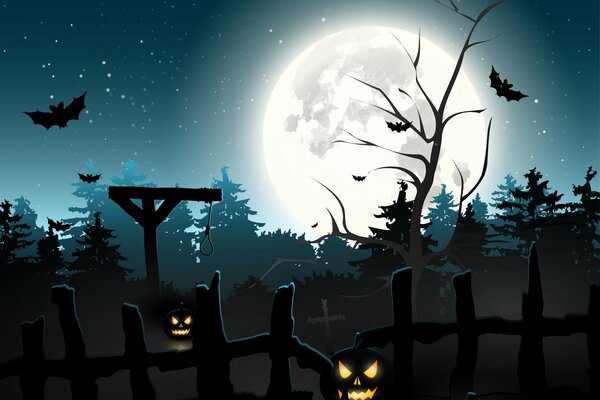 Gloomy landscape with moon, gallows and pumpkins