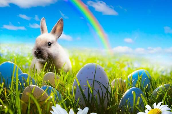 En el fondo de hermosos huevos y flores en la hierba se encuentra el conejo de Pascua