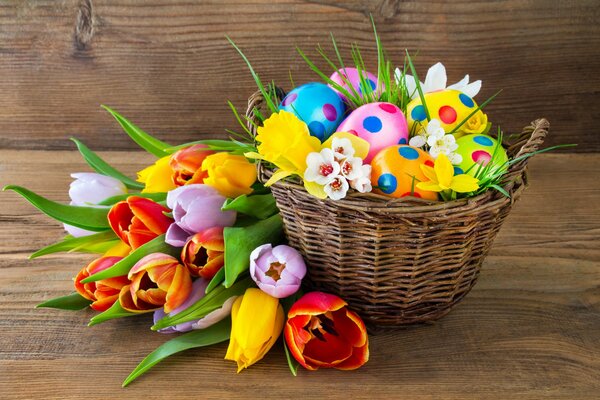 Basket with Easter eggs in flowers