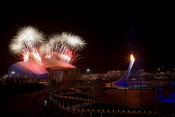 Олимпийский салют на стадионе в Сочи