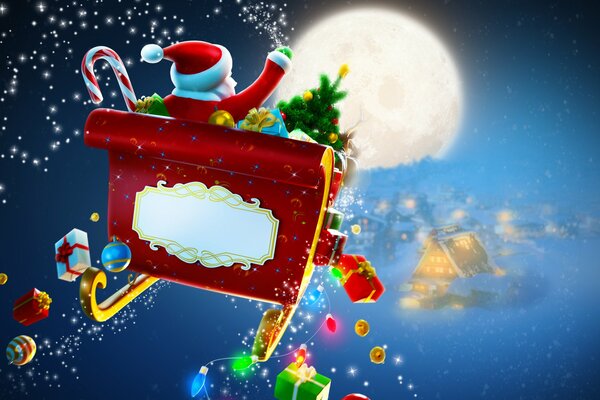 Santa Claus is flying through the sky in a sleigh