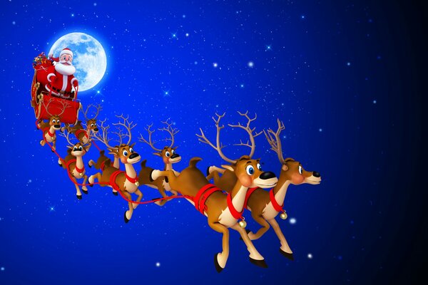 Christmas New Year reindeer on a sleigh and Santa Claus