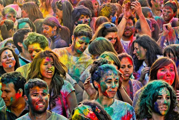 A cheerful crowd at the Holi festival