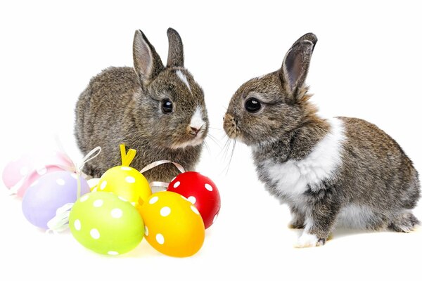 Conejos y huevos de Pascua brillantes