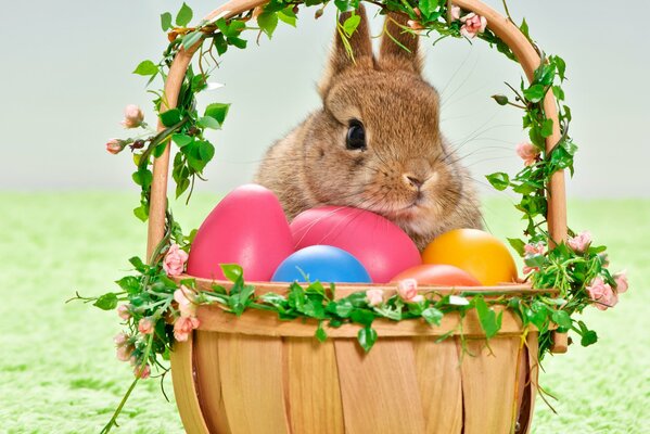 Cesta de huevos de Pascua y conejo