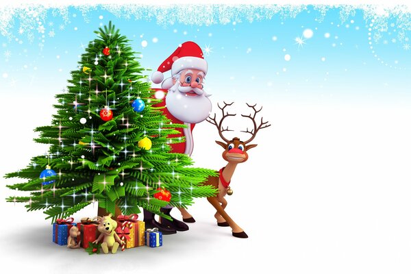 Père Noël avec un renne se cachent derrière un arbre de Noël