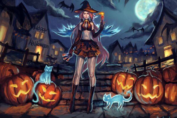 Halloween illustration. Girl with pumpkins and cats