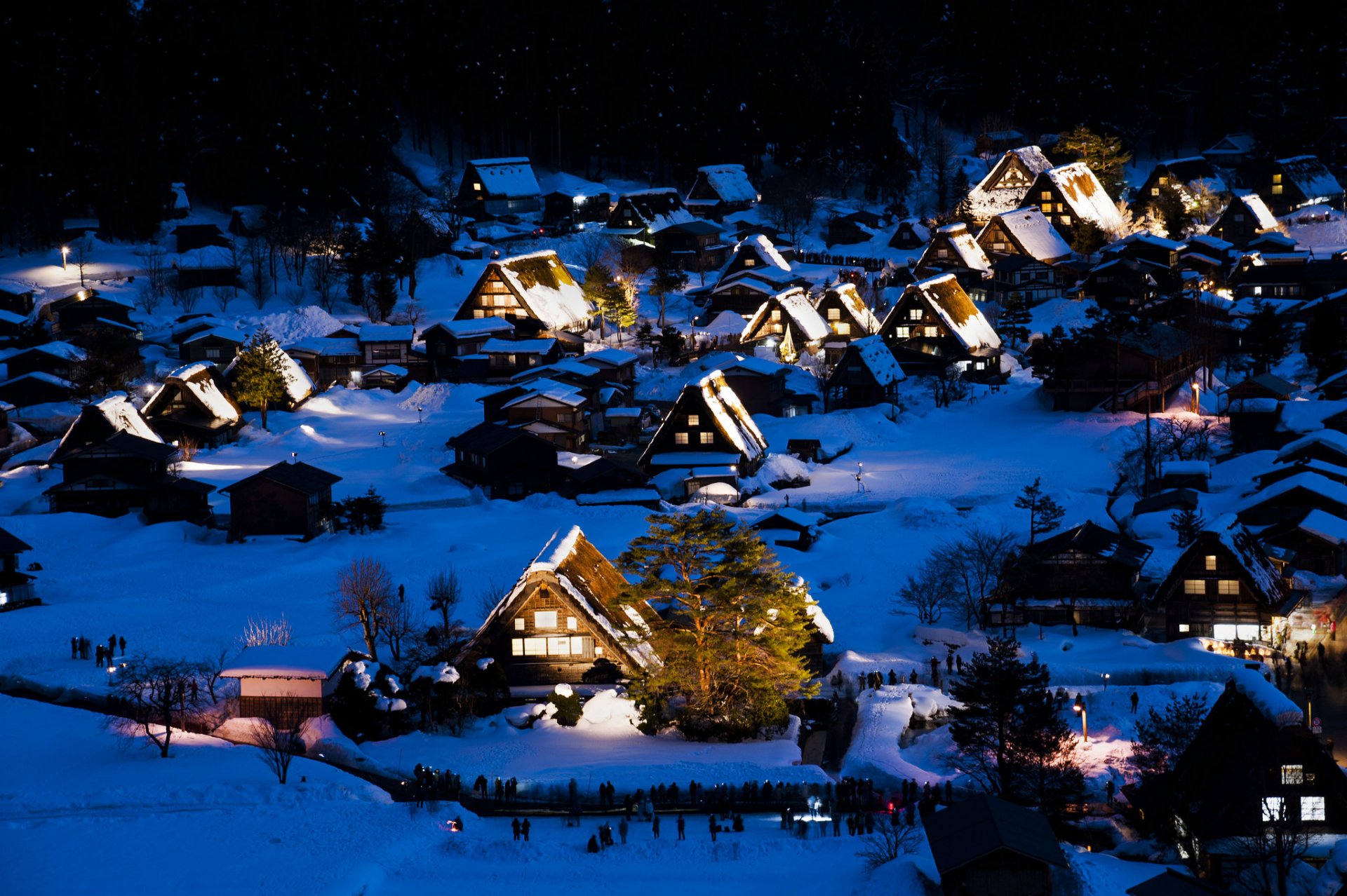 shirakawa-go gokayama île de honshu japon nuit lumières hiver maisons neige