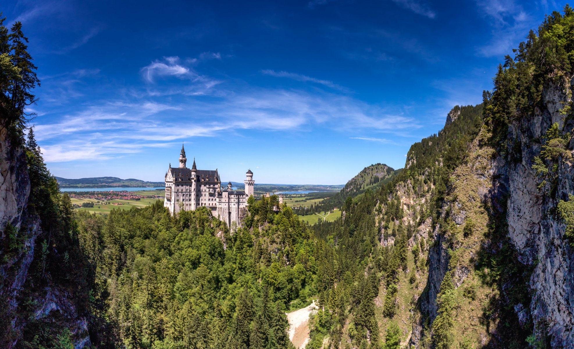 deutschland bayern schloss neuschwanstein himmel wolken berge bäume see