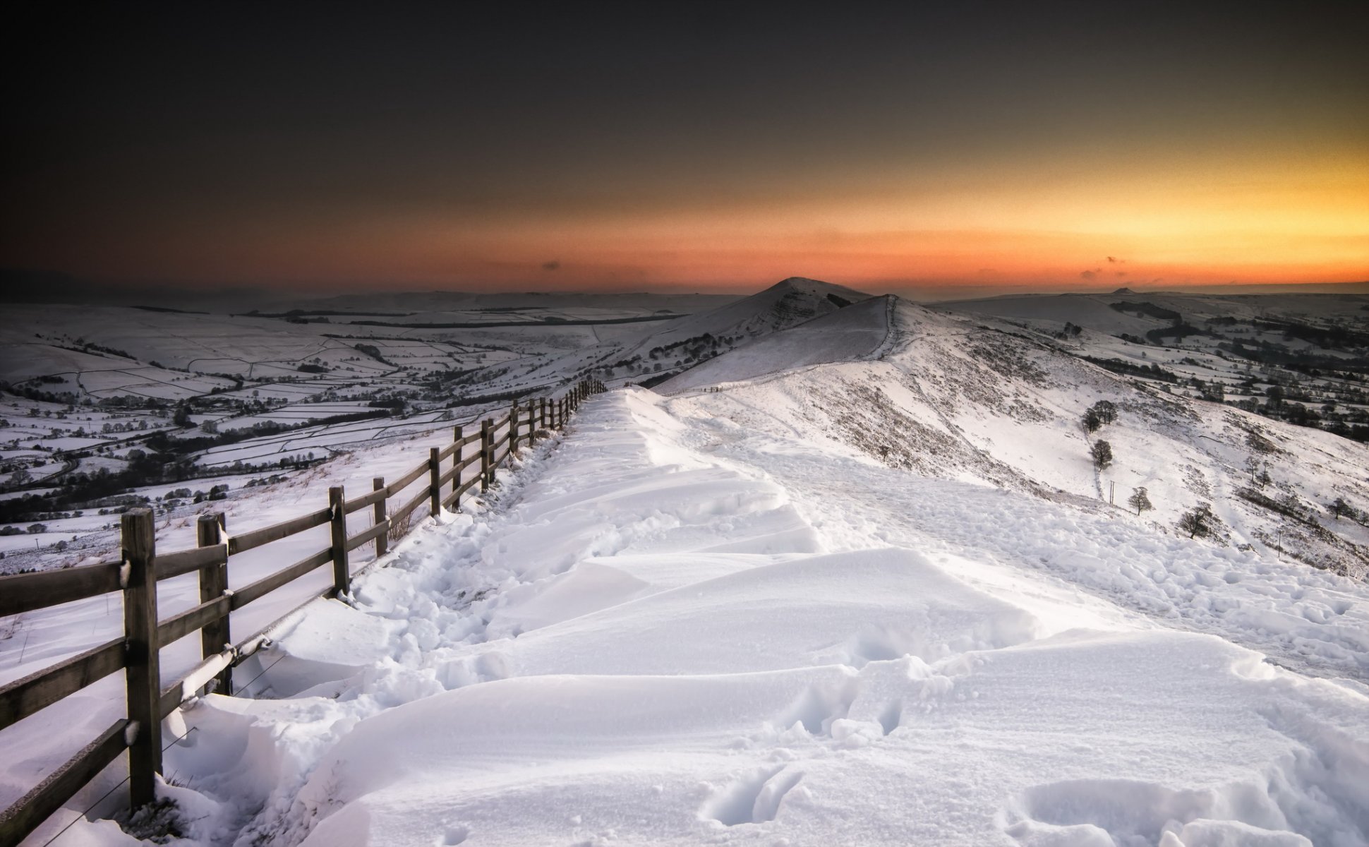 night fence snow winter landscape