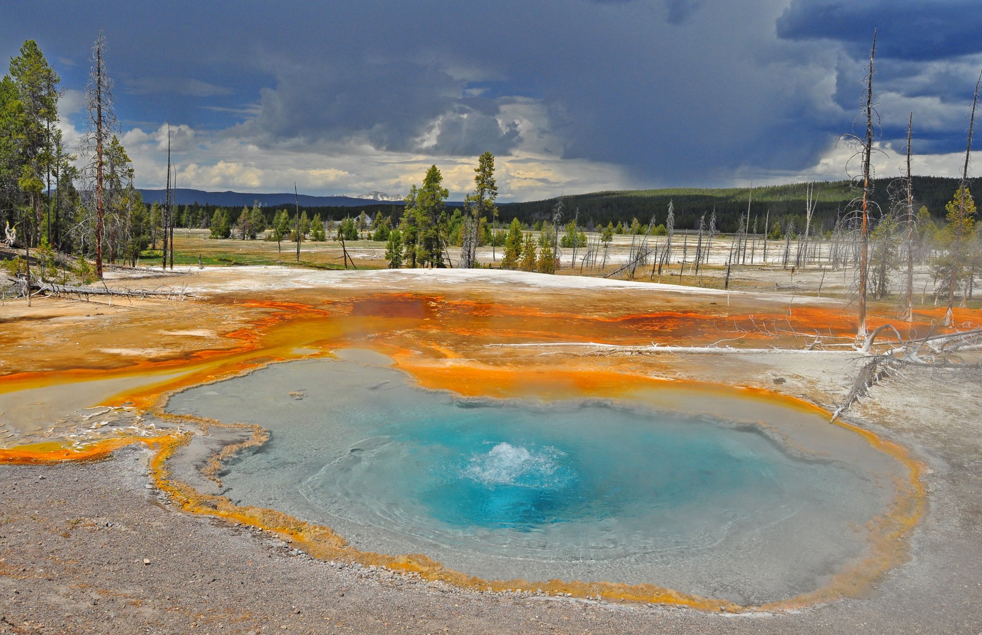 ciel nuages arbres lac geyser