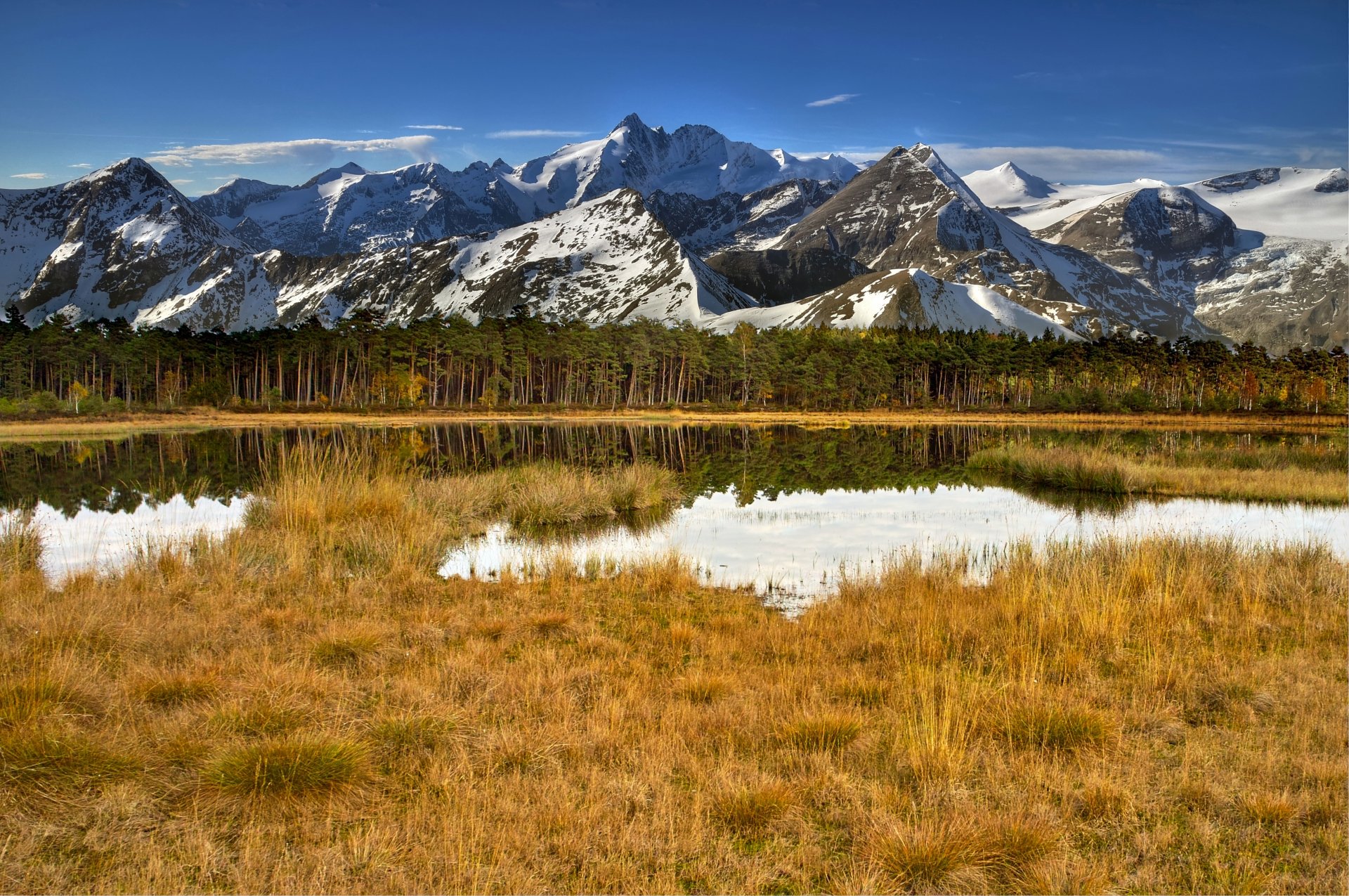 berge schnee wald bäume see wasser gras himmel