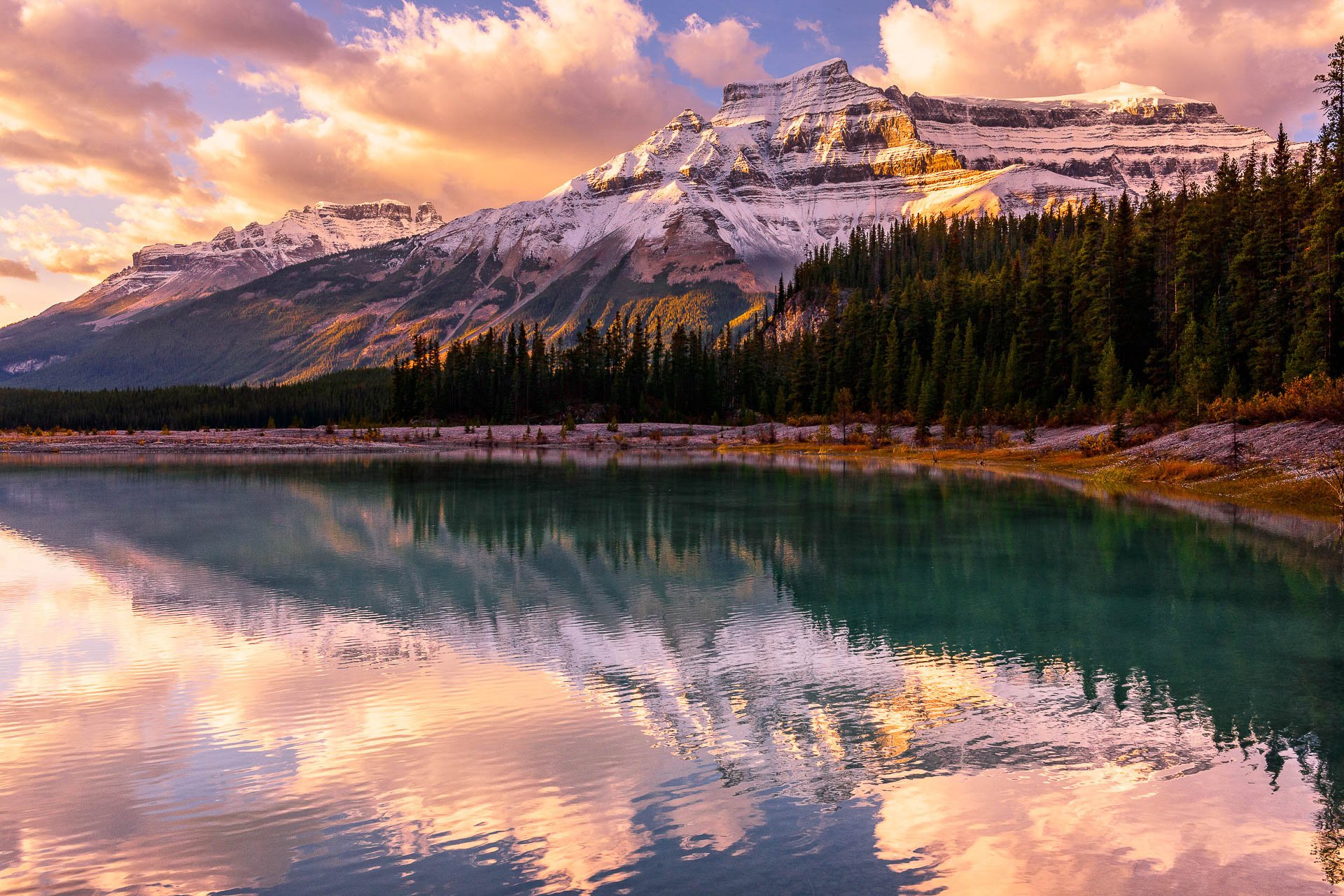 alberta park narodowy banff kanada jezioro las góry zachód słońca