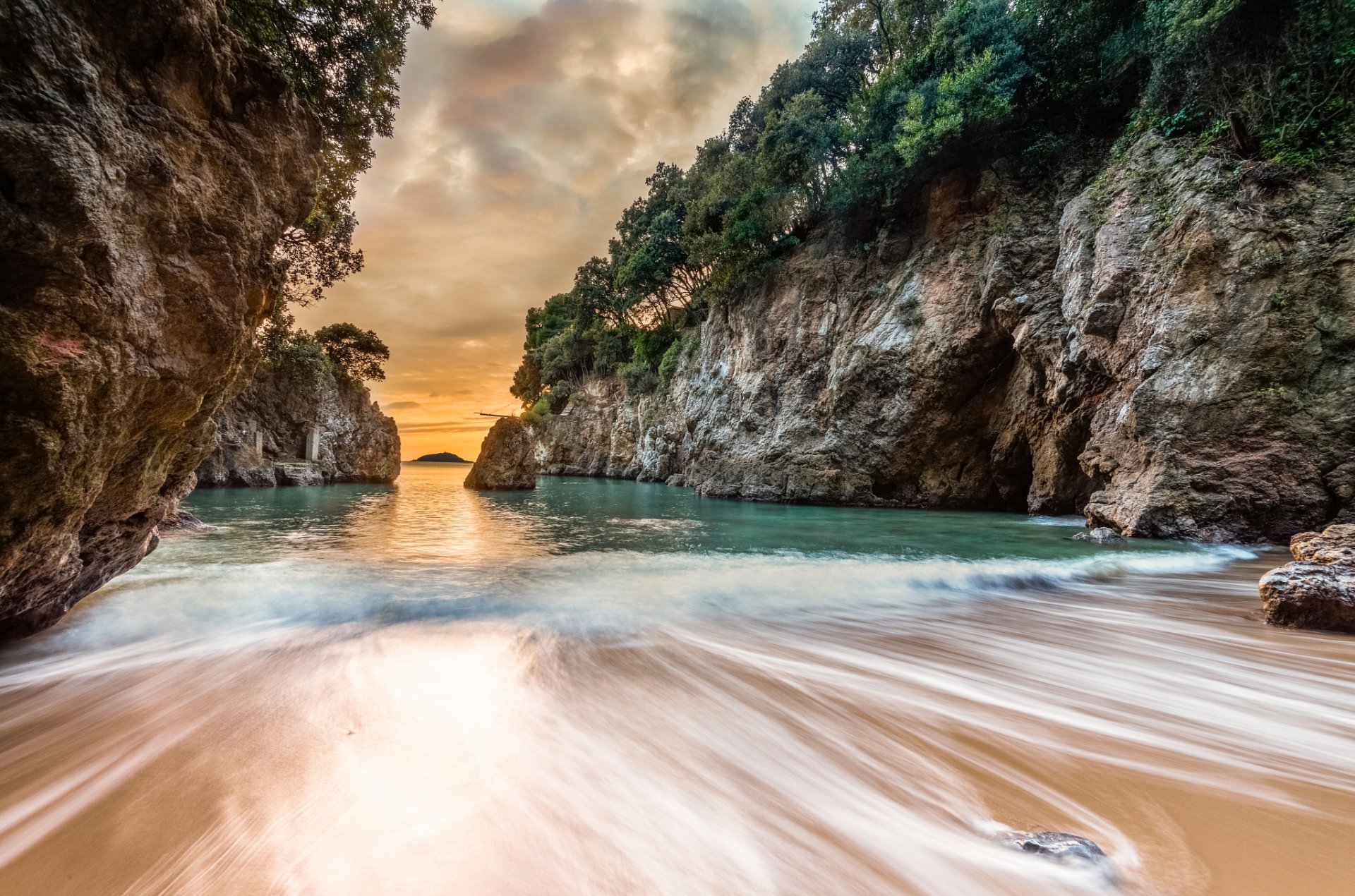 italy sea beach sand rock tree waves sunset landscape