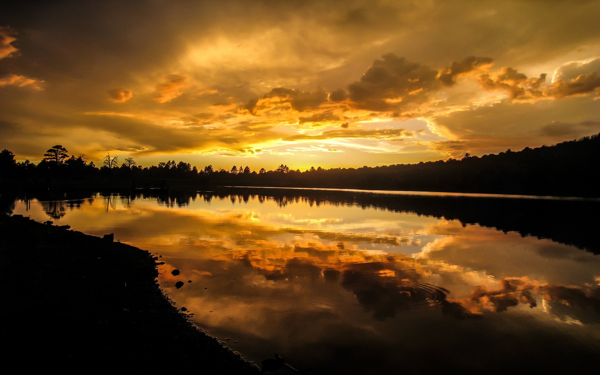 unset lake reflection landscape