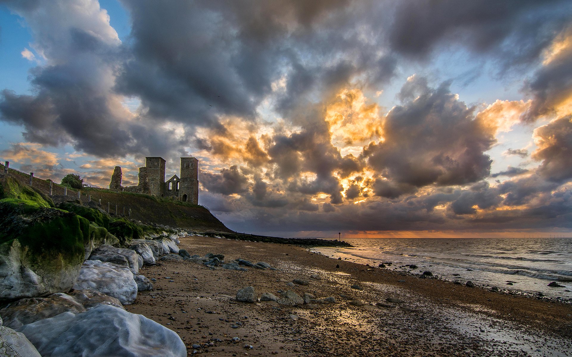 england sky clouds slope ruins sea stone