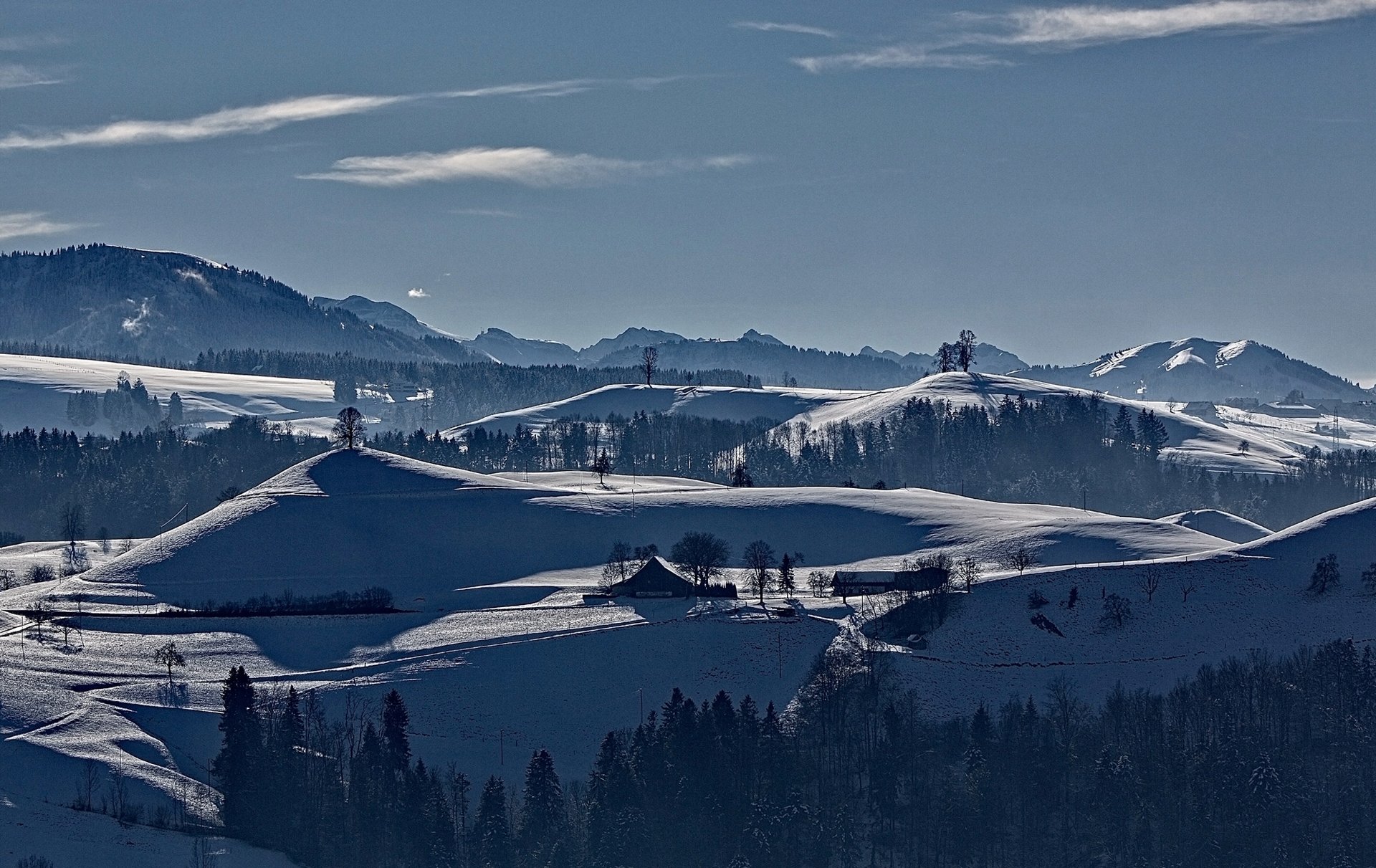 himmel berge winter bäume schnee haus